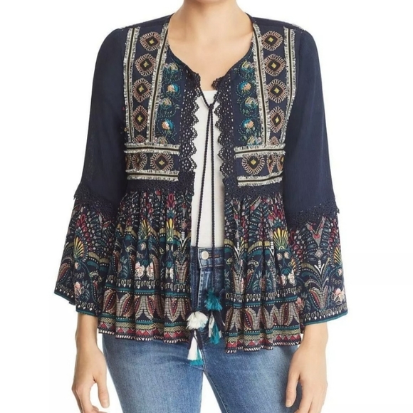 Aqua Tops - Aqua Embroidered Printed Top jacket Shacket Boho chic Hippie Tassel